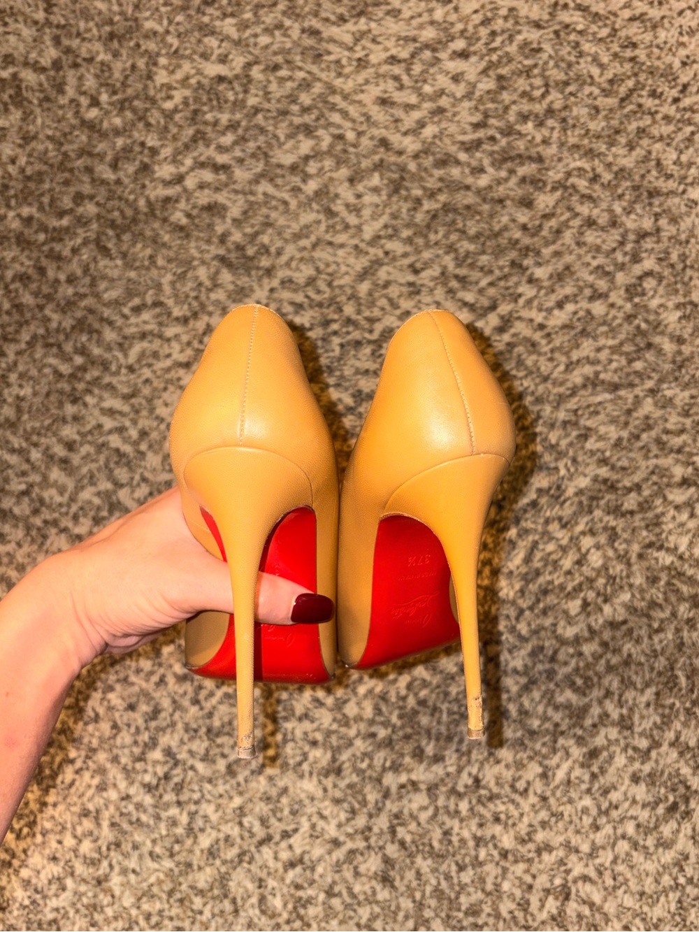 Christian Louboutin Nude Tan Leather Stiletto Pumps with Red Soles
